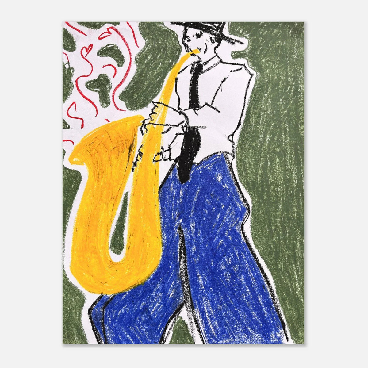 Le Saxophoniste, série Jazz Band — pastel gras sur papier, 45,7 × 61 cm, œuvre originale signée de Nino Minashvili